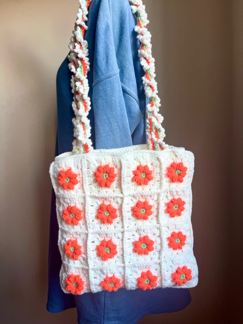 Handmade Crochet Floral Tote Bag - White and Orange